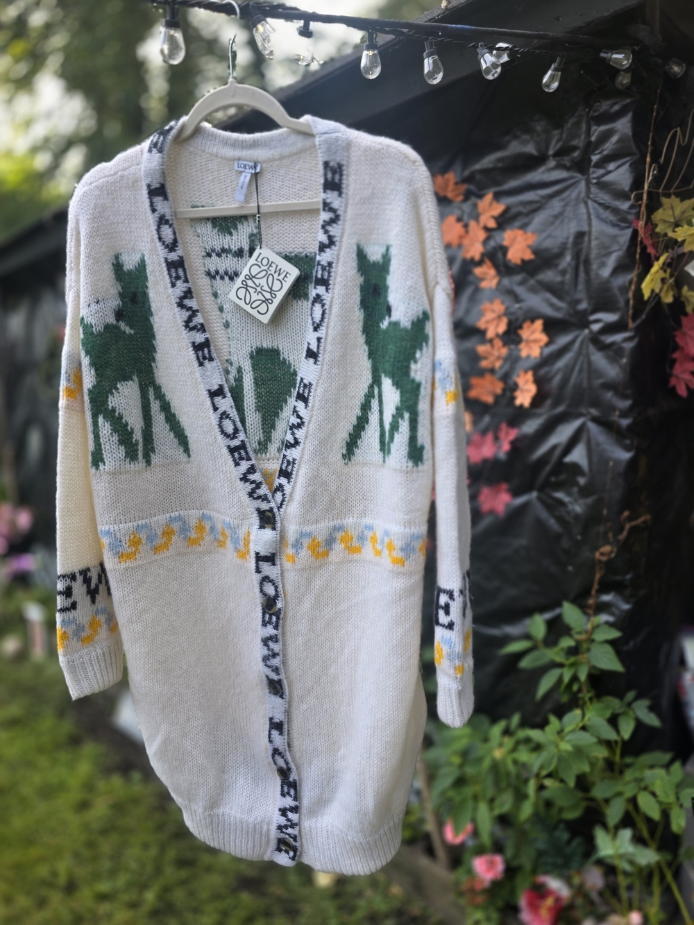 Loewe Cream Cardigan with Green Deer and Yellow Accents